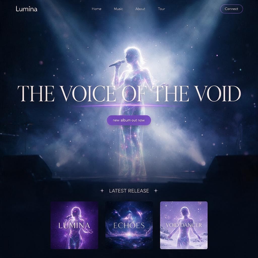 Cinematic hero section of an artist site